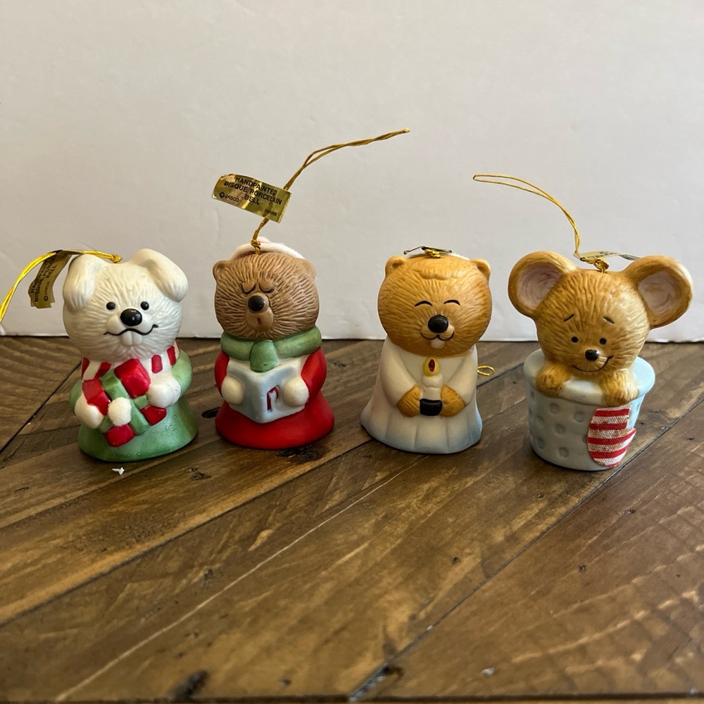Vintage Lil Chimers Hand Painted Ornament Jasco Bisque Porcelain Bell Lot of 4